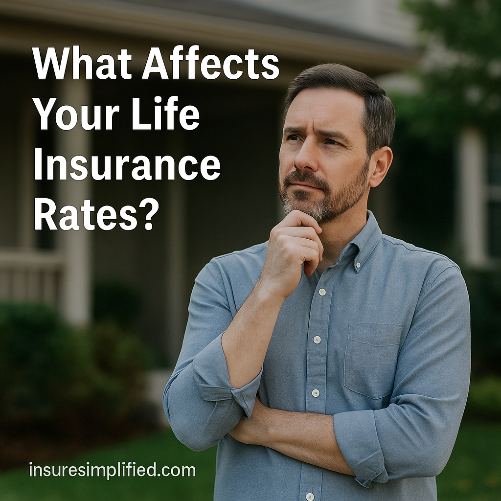 A thoughtful middle-aged man standing outside a suburban home with the text “What Affects Your Life Insurance Rates?” displayed above him.