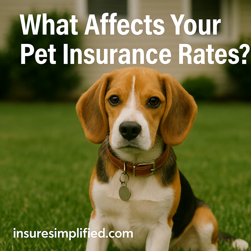 A young tricolor Beagle sitting on a green lawn in a suburban yard, with the text “What Affects Your Pet Insurance Rates?” displayed above and the insuresimplified.com watermark at the bottom.