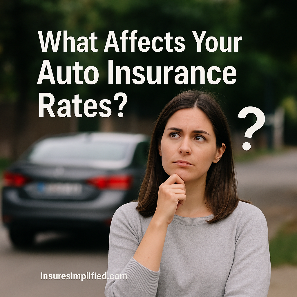 A thoughtful woman standing outdoors with a blurred car in the background, looking upward as the text “What Affects Your Auto Insurance Rates?” appears above her, with insuresimplified.com at the bottom.