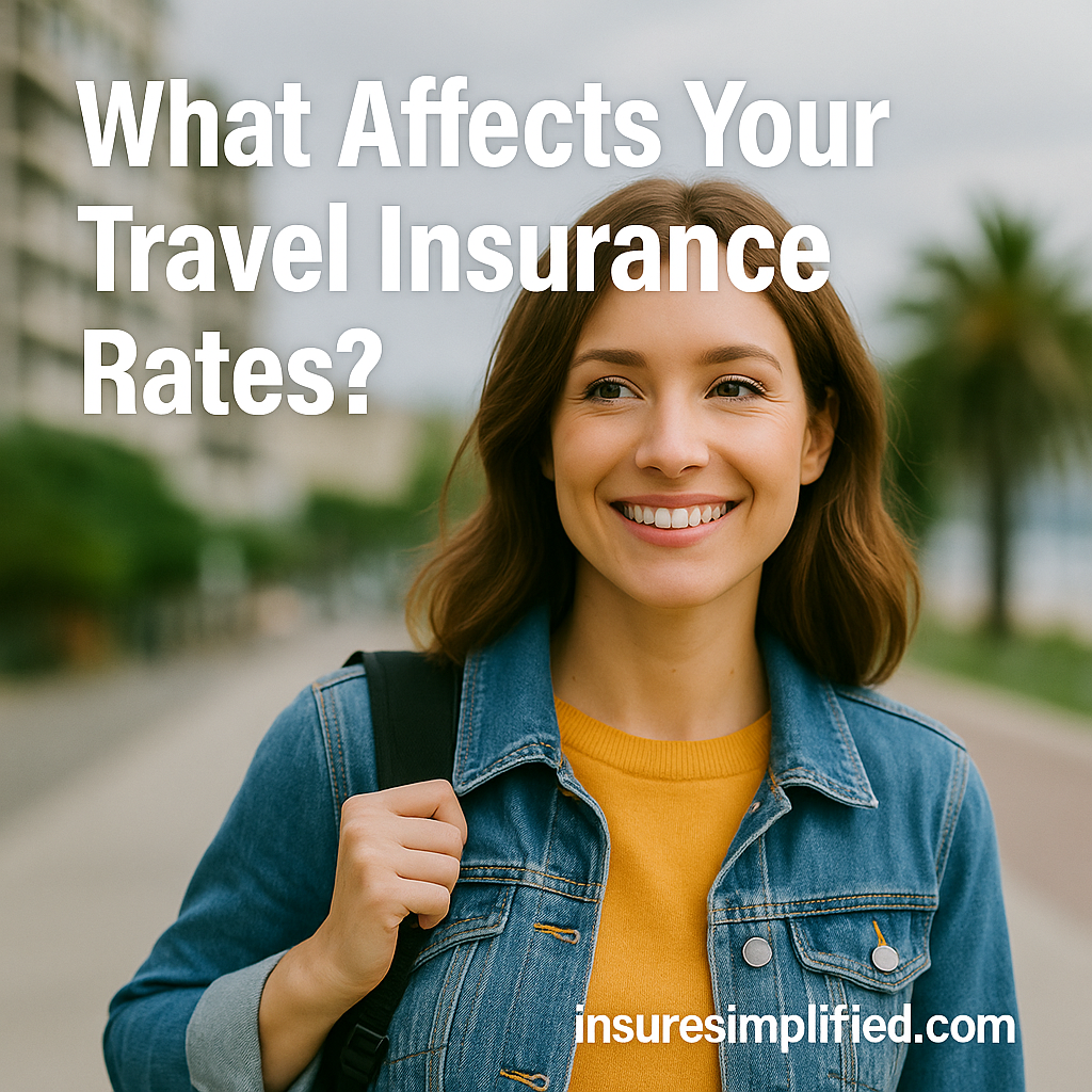 A smiling young woman walking outdoors with a backpack, wearing a denim jacket and yellow sweater, with the text “What Affects Your Travel Insurance Rates?” displayed at the top and the insuresimplified.com watermark at the bottom.