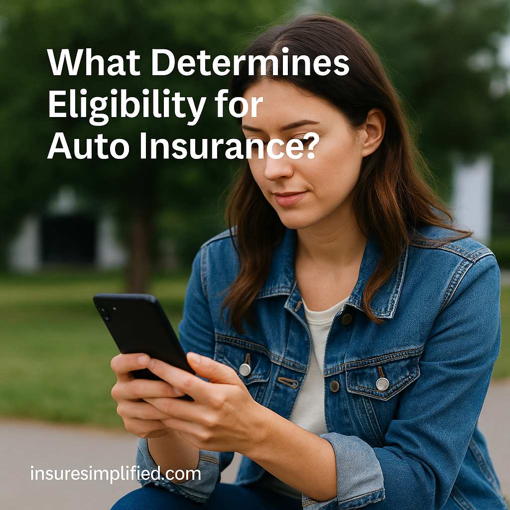 A woman outdoors reviewing auto insurance eligibility information on a digital device, with the article title displayed above her.