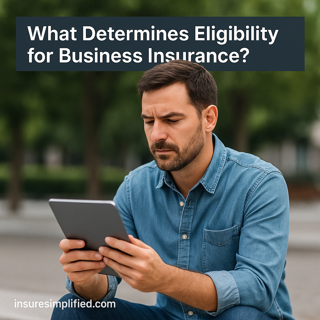 A man outdoors reviewing business insurance eligibility information on a digital device, with the article title displayed above him.
