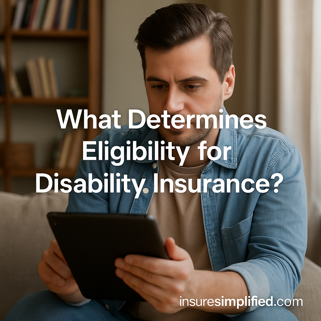 A man sitting indoors reviewing disability insurance eligibility information on a digital device, with the article title displayed above him.