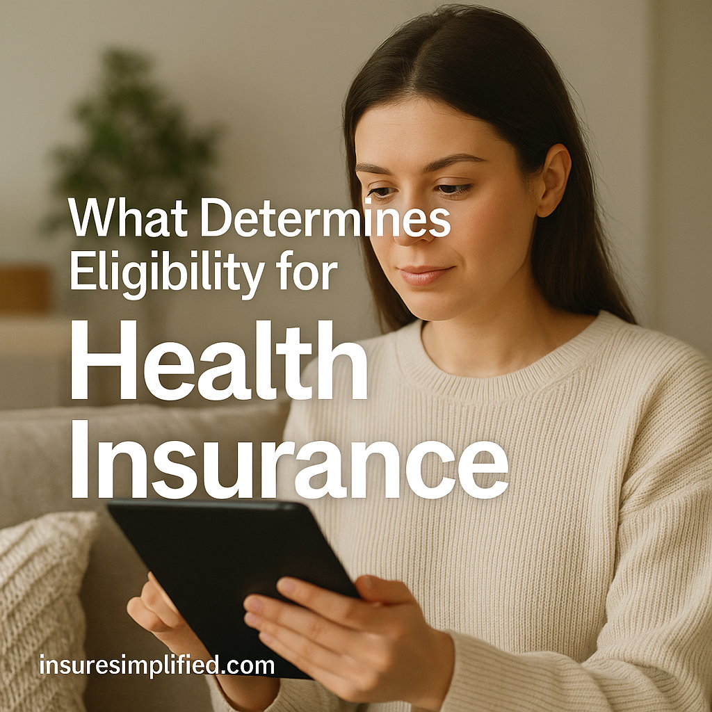 A woman sitting indoors reviewing health insurance eligibility information on a digital device, with the article title displayed beside her.