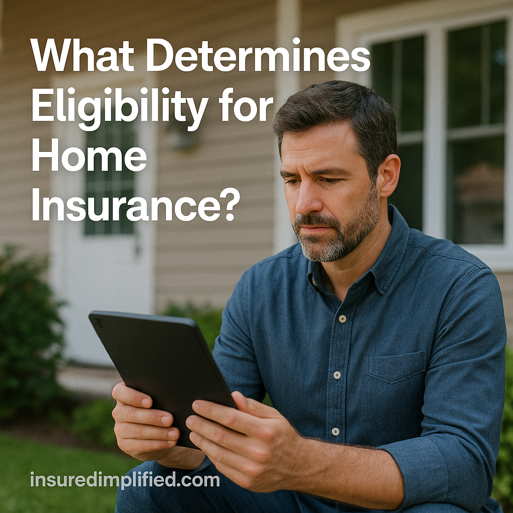 A man sitting outside his home reviewing home insurance eligibility information on a digital device, with the article title displayed above him.