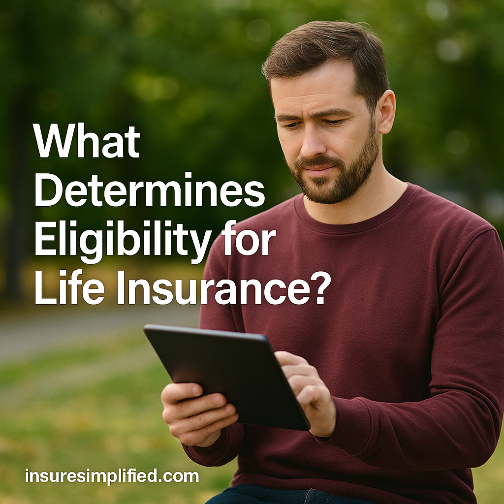 A man outdoors reviewing life insurance eligibility information on a digital device, with the article title displayed beside him.
