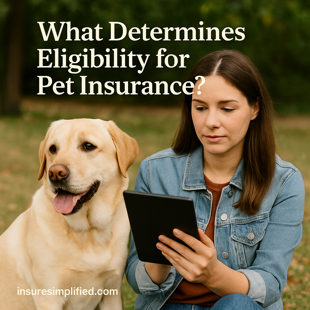 A woman outdoors reviewing pet insurance eligibility information on a digital device beside a Labrador Retriever, with the article title displayed above her.