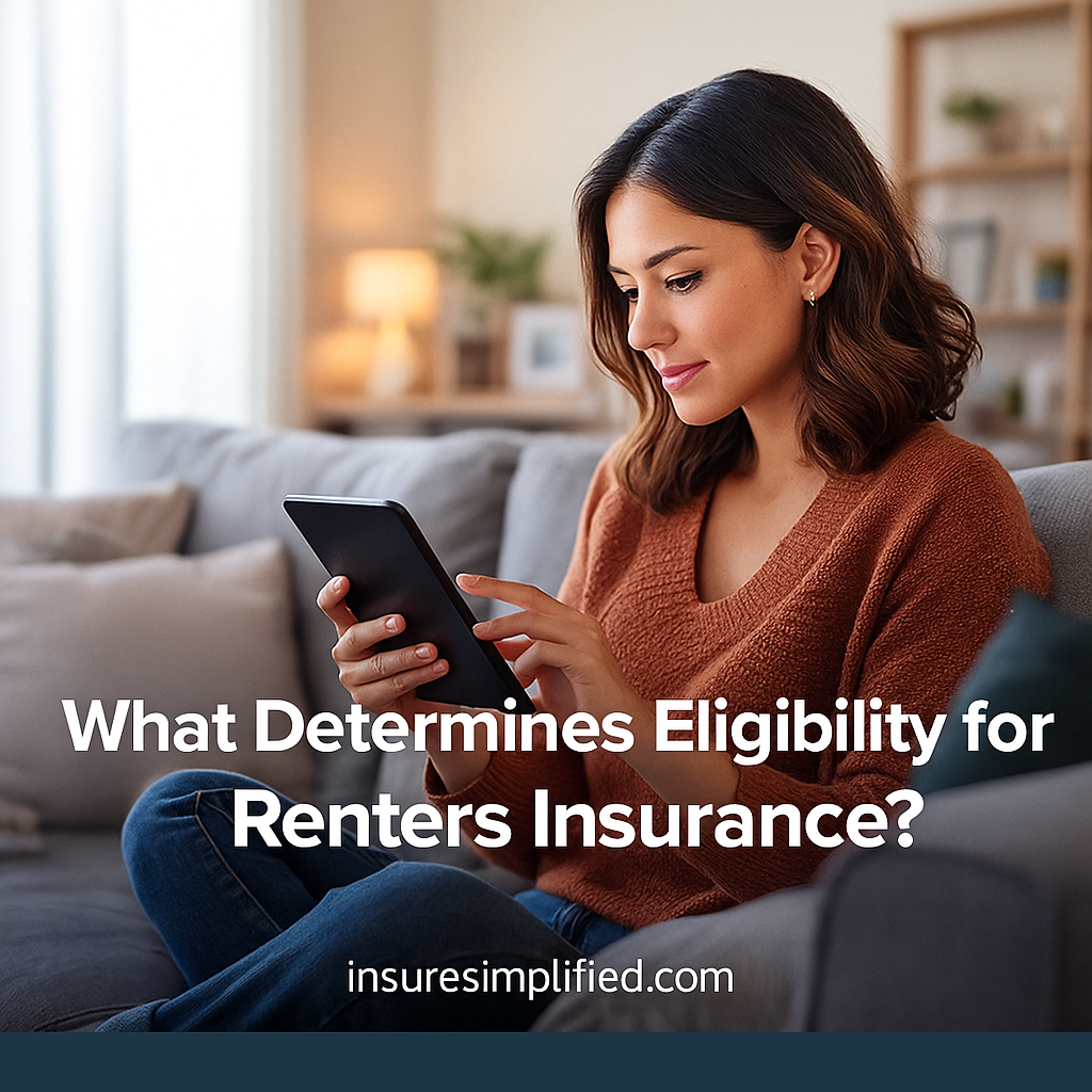 A woman sitting in her apartment reviewing renters insurance eligibility information on a digital device, with the article title displayed above her.