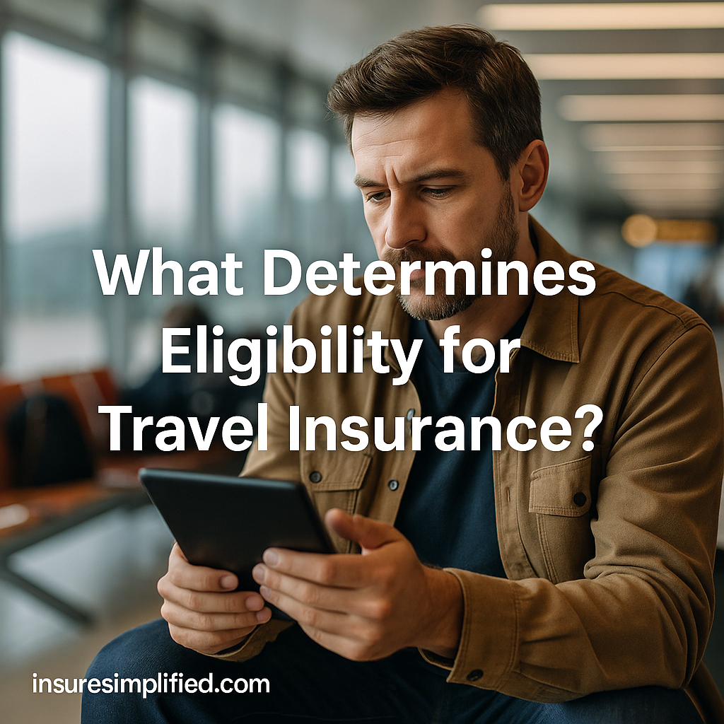 A man in an airport setting reviewing travel insurance eligibility information on a digital device, with the article title displayed beside him.