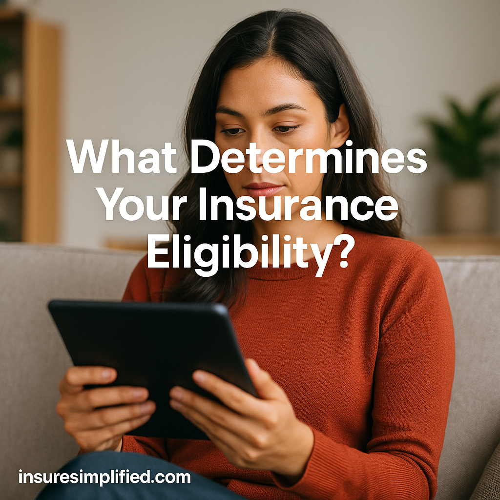 A woman sitting indoors reviewing general insurance eligibility information on a digital device, with the article title displayed above her.
