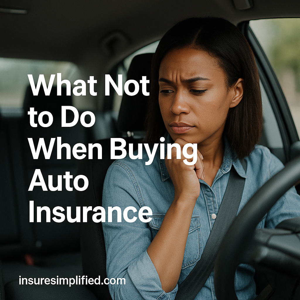 A concerned woman sitting in her car, thinking while holding the steering wheel, with text reading “What Not to Do When Buying Auto Insurance.”.
