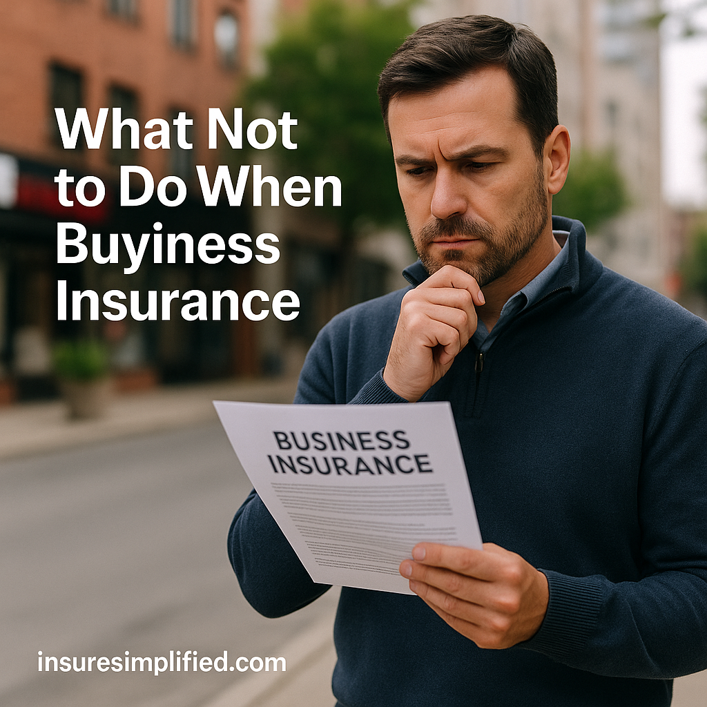 A man standing outdoors on a city street reviewing a business insurance document with a thoughtful expression, with the article title displayed on the image.