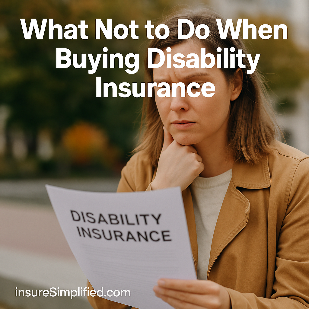 A woman outdoors thoughtfully reviewing a disability insurance document with the article title displayed above her.