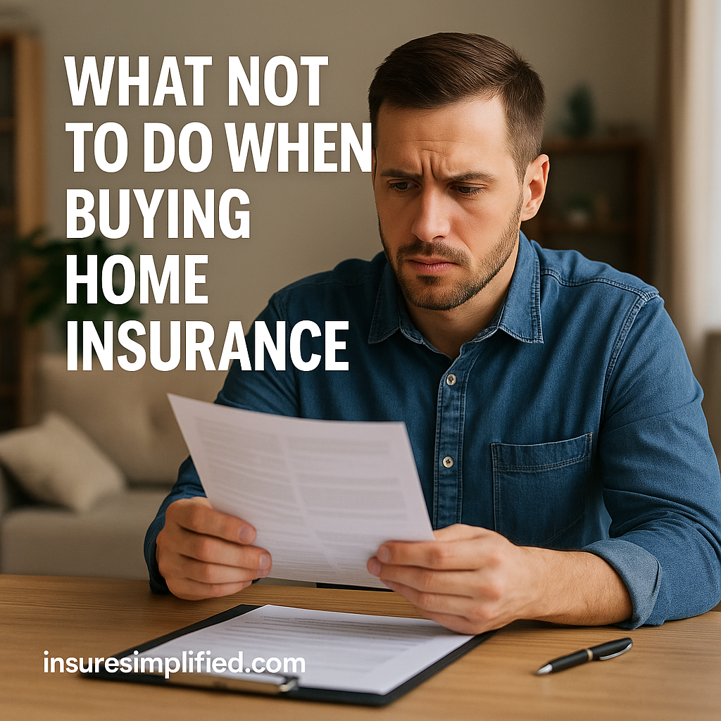 A man sitting at a table reviewing home insurance documents with a concerned expression, with the article title displayed on the image. insuresimplified.com.