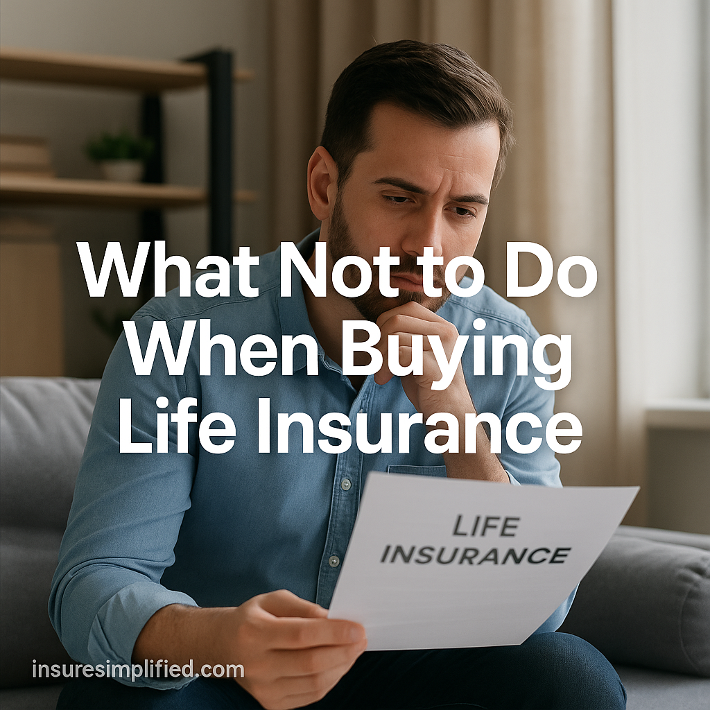 A man sitting on a sofa reading a life insurance document with a thoughtful expression, with the article title displayed on the image. insuresimplified.com.