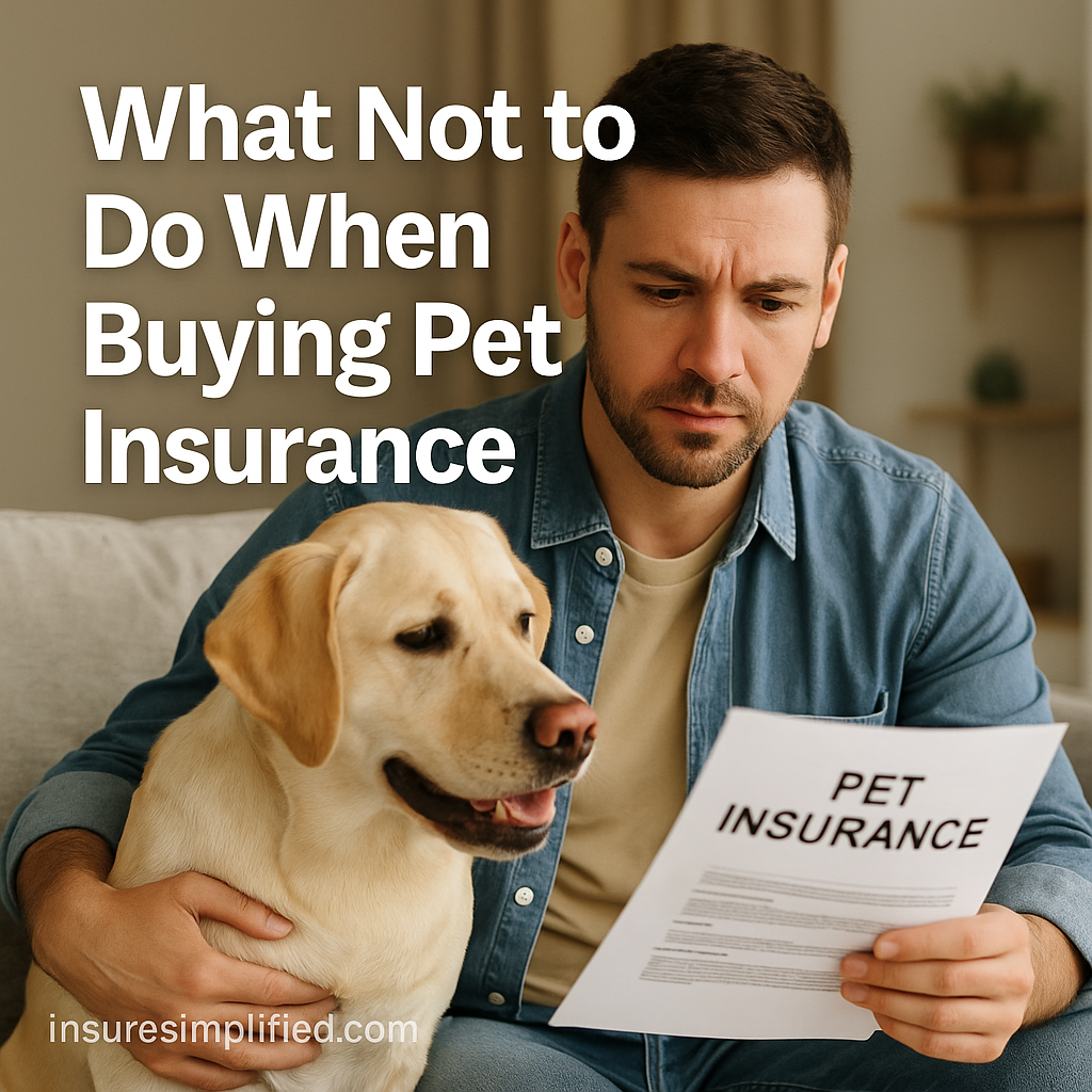 A man sitting on a couch reviewing a pet insurance document with a concerned expression while his yellow Labrador sits beside him.