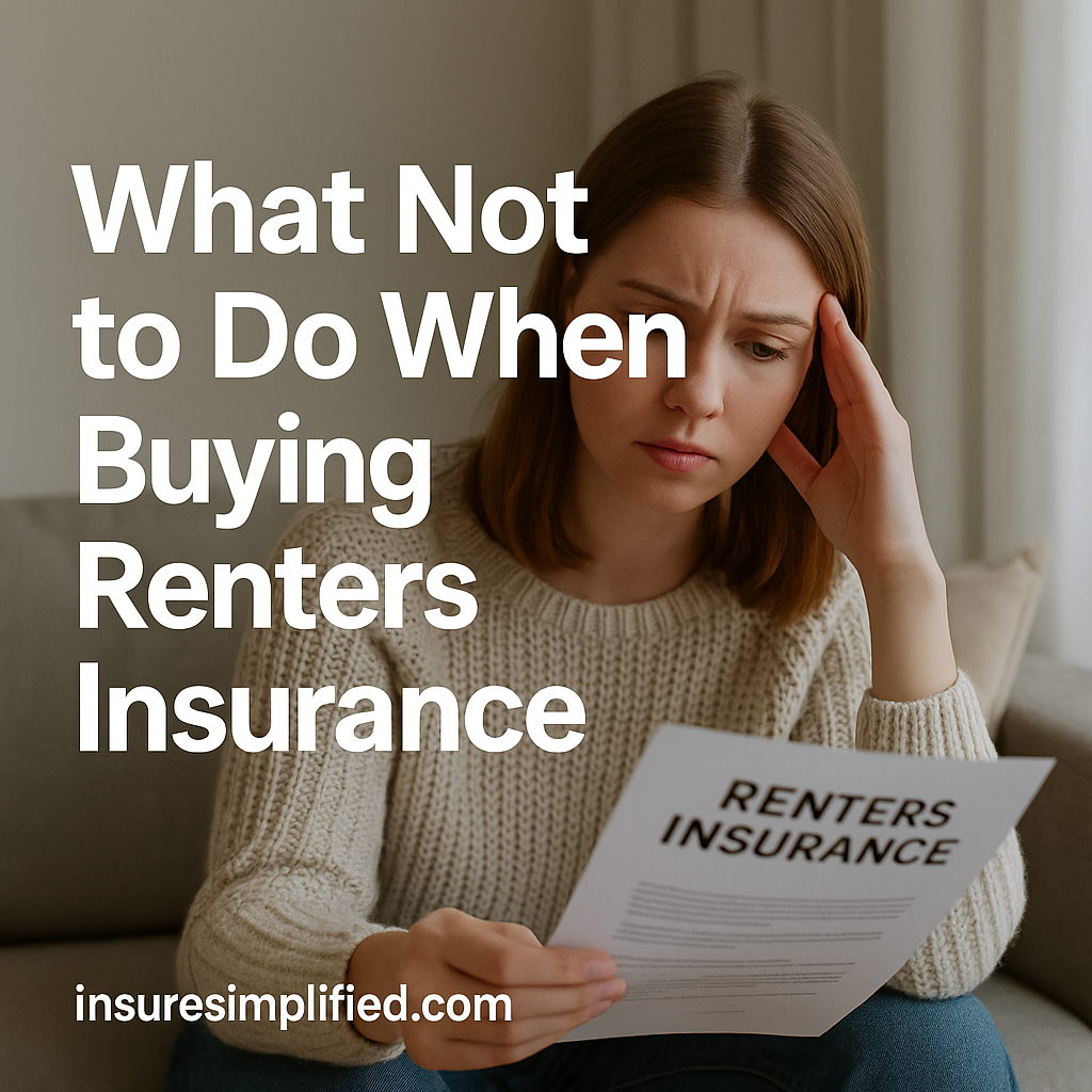 A woman sitting on a sofa reading a renters insurance document with a concerned expression, with the article title displayed on the image. insuresimplified.com.