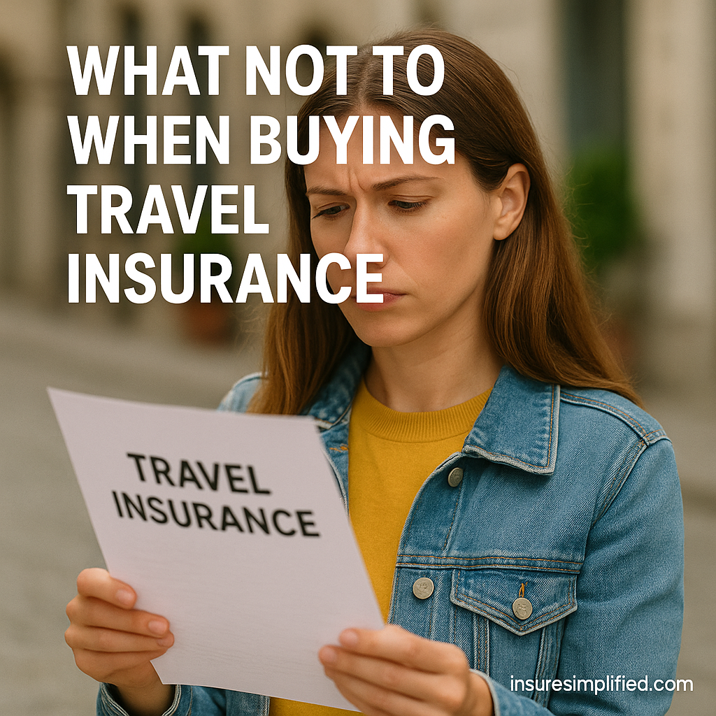 A woman standing outdoors reviewing a travel insurance document with a concerned expression, with the article title displayed on the image.