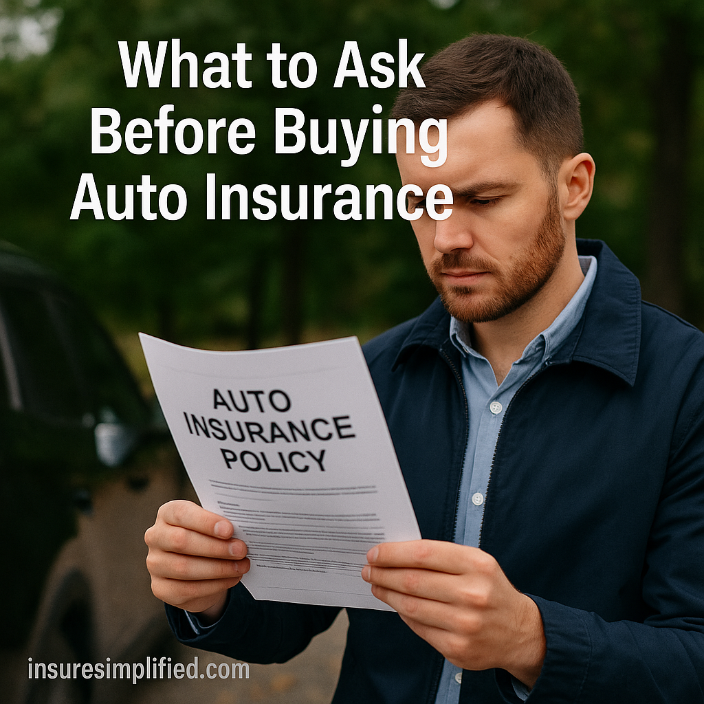 A man standing outdoors reviewing an auto insurance policy document with the article title displayed above him.