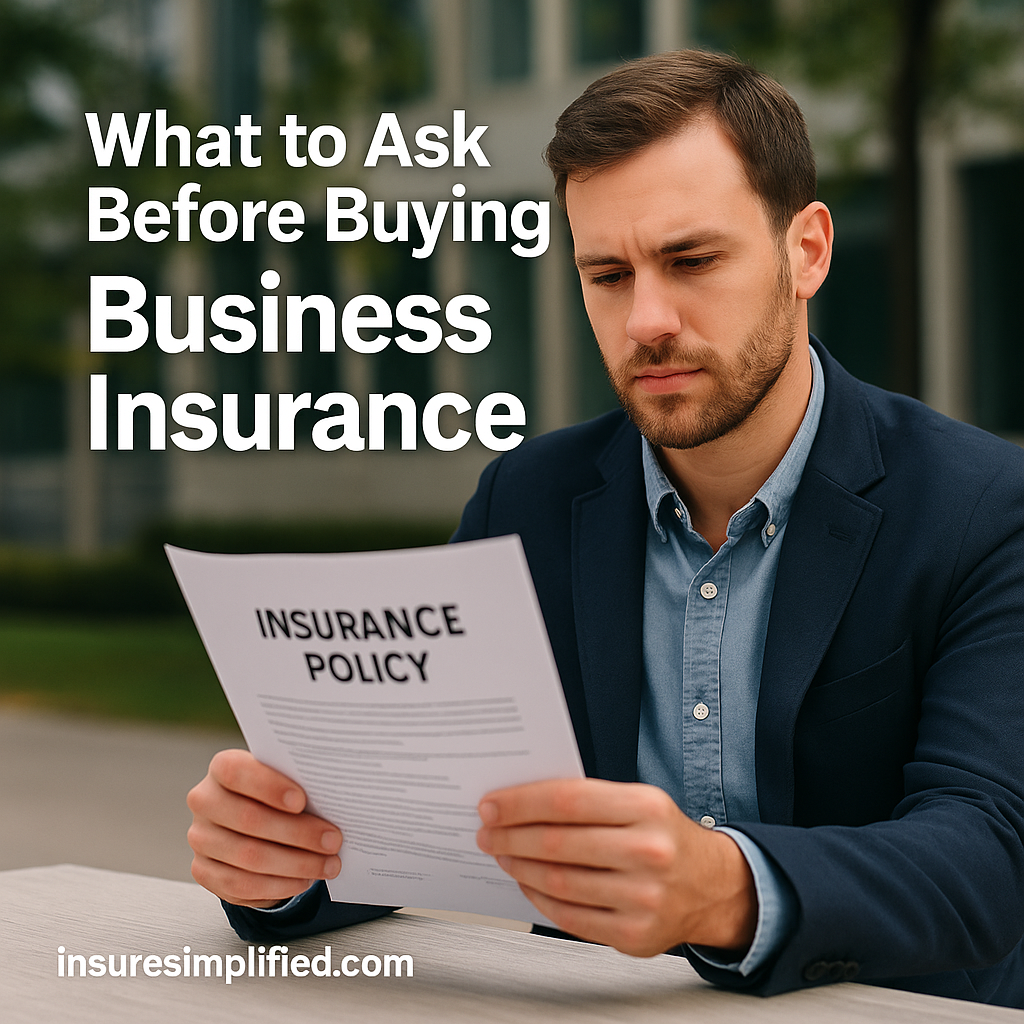 A man sitting outdoors reviewing a business insurance policy document with the article title displayed above him.