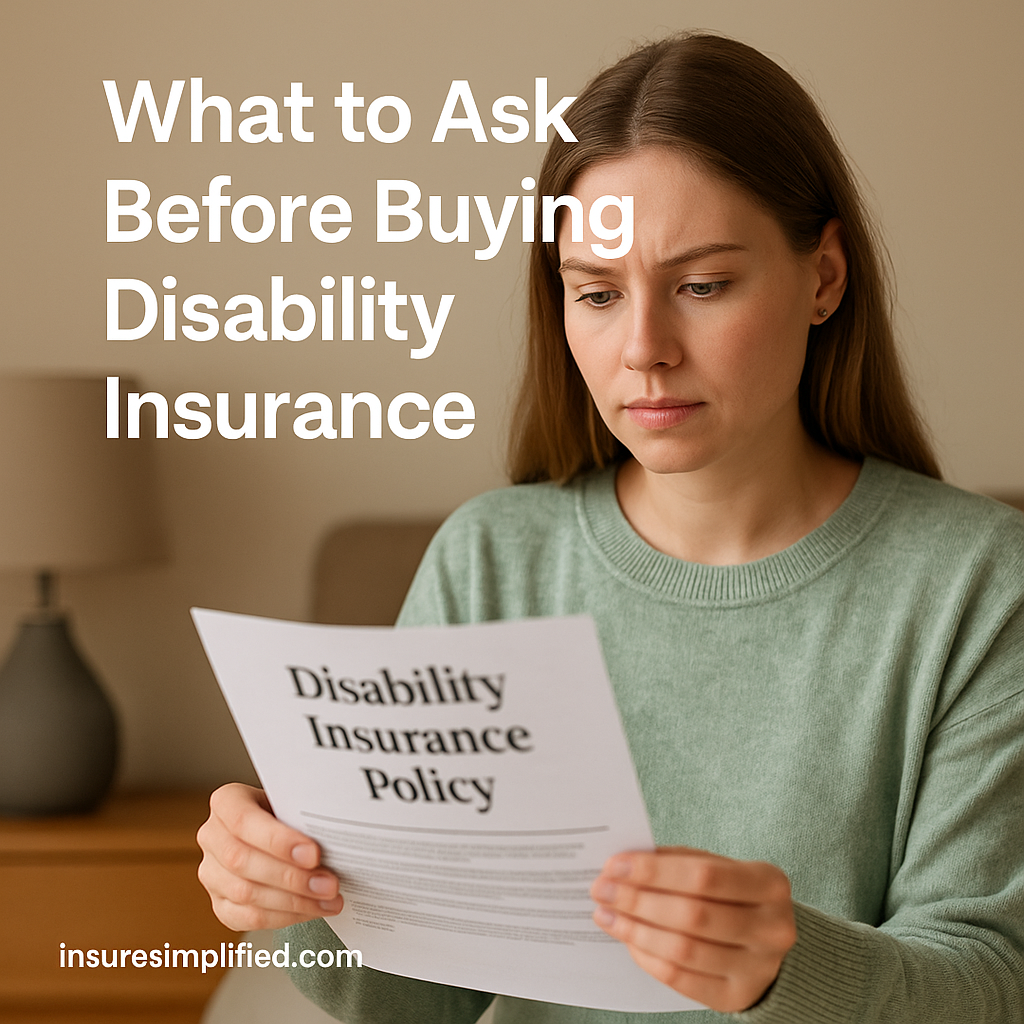 A woman sitting indoors reviewing a disability insurance policy document with the article title displayed above her.