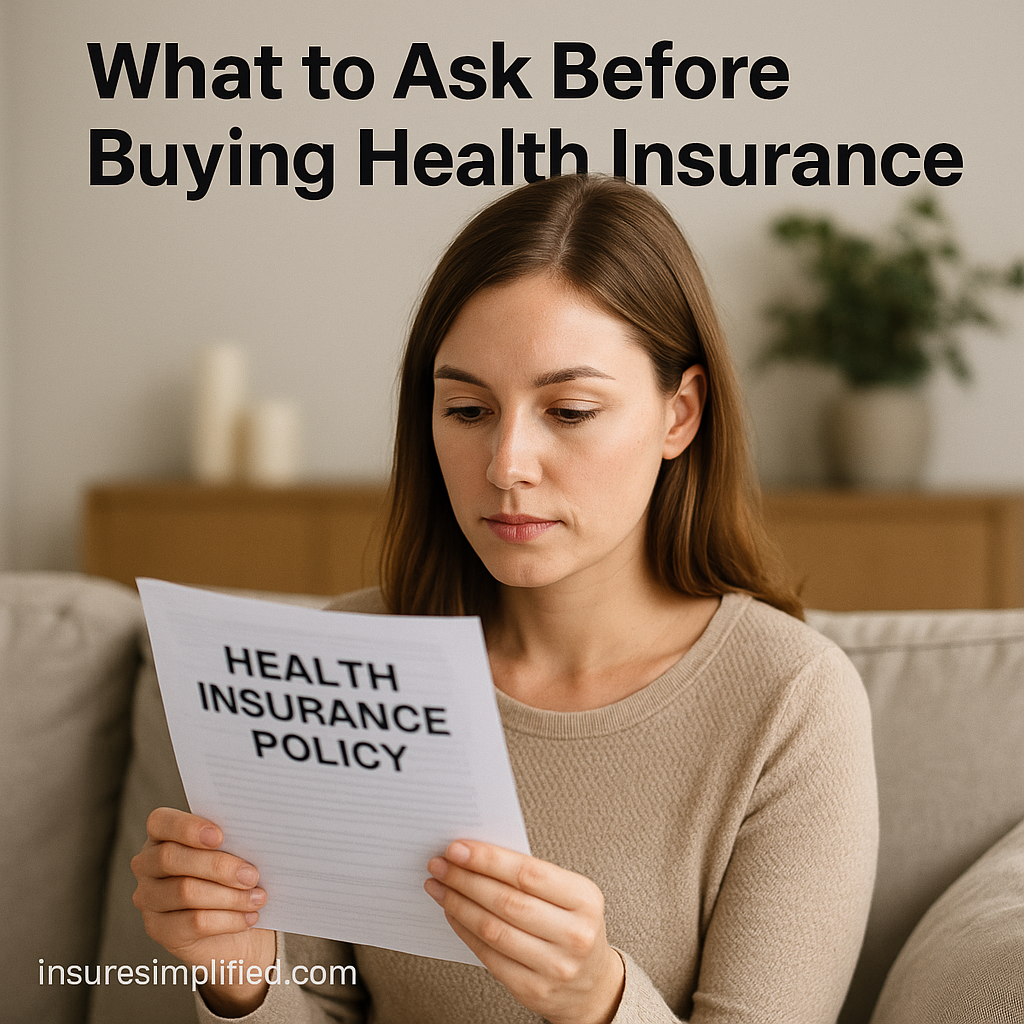 A woman sitting indoors reviewing a health insurance policy document with the article title displayed above her.