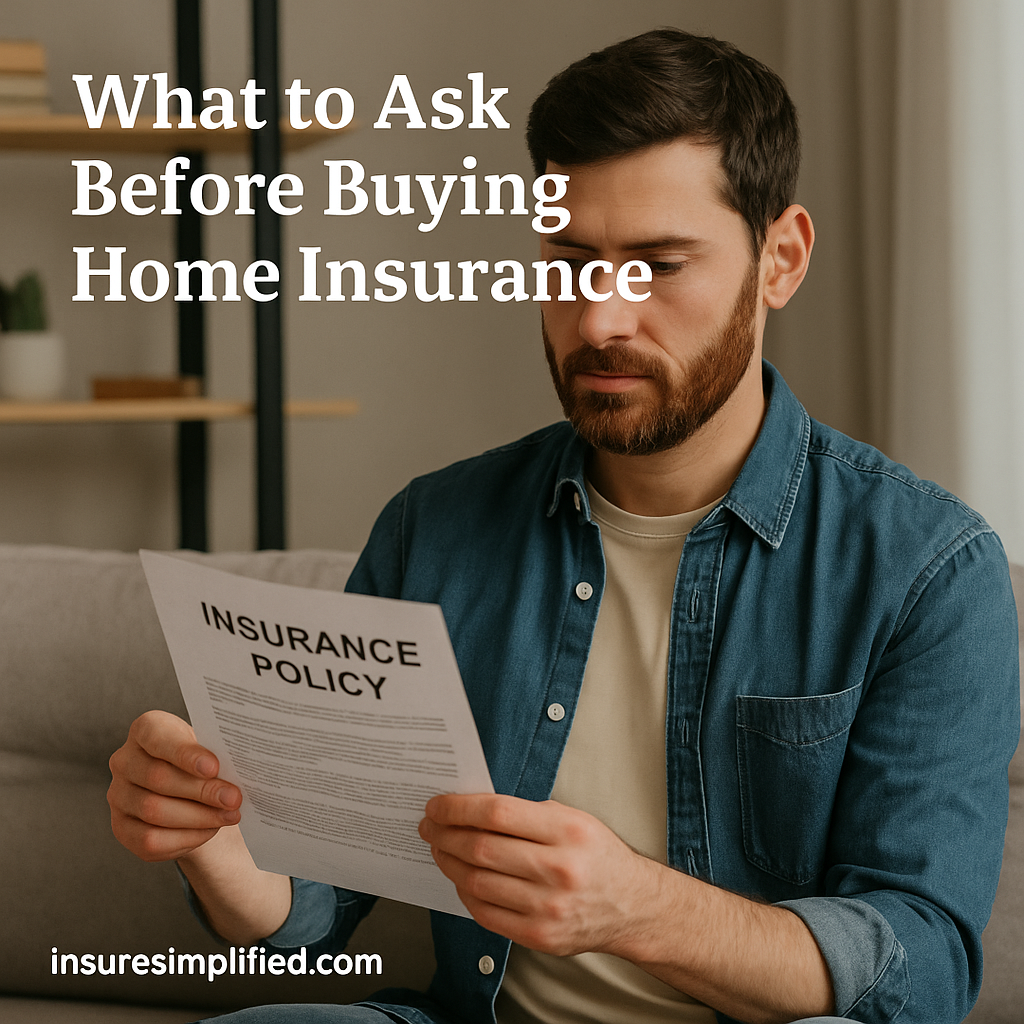 A man sitting indoors reviewing a home insurance policy document with the article title displayed above him.
