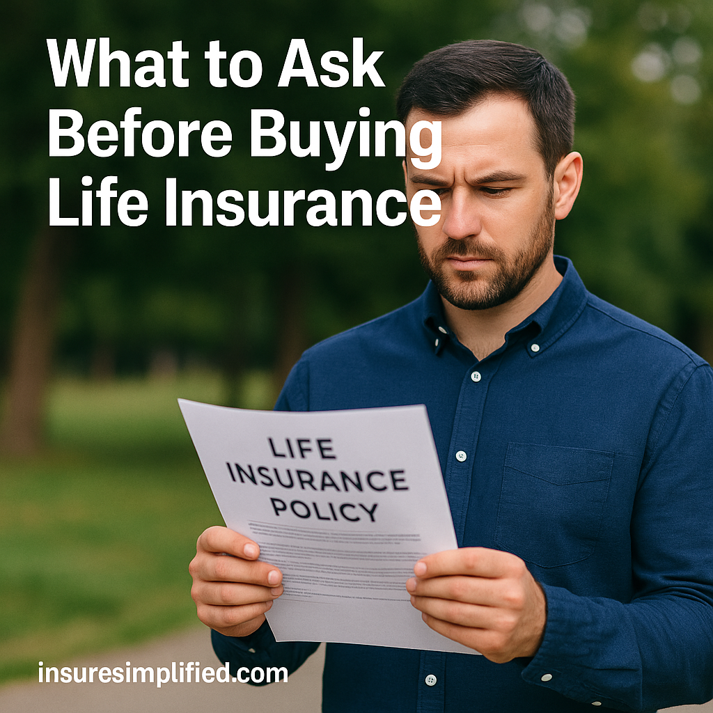 A man standing outdoors reviewing a life insurance policy document with the article title displayed above him.