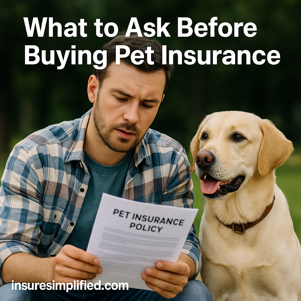 A man sitting outdoors reviewing a pet insurance policy beside his Labrador Retriever, with the article title displayed above him.