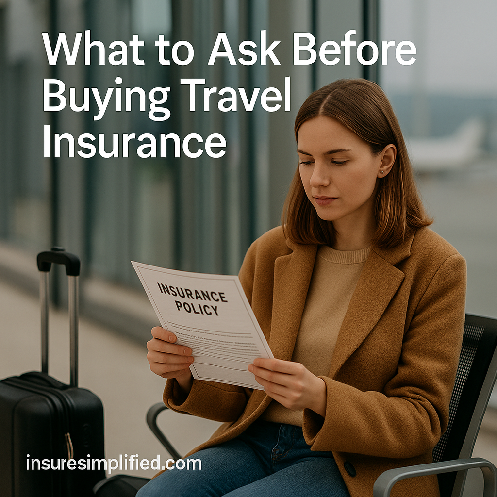 A woman sitting in an airport terminal reviewing a travel insurance policy document with the article title displayed above her.